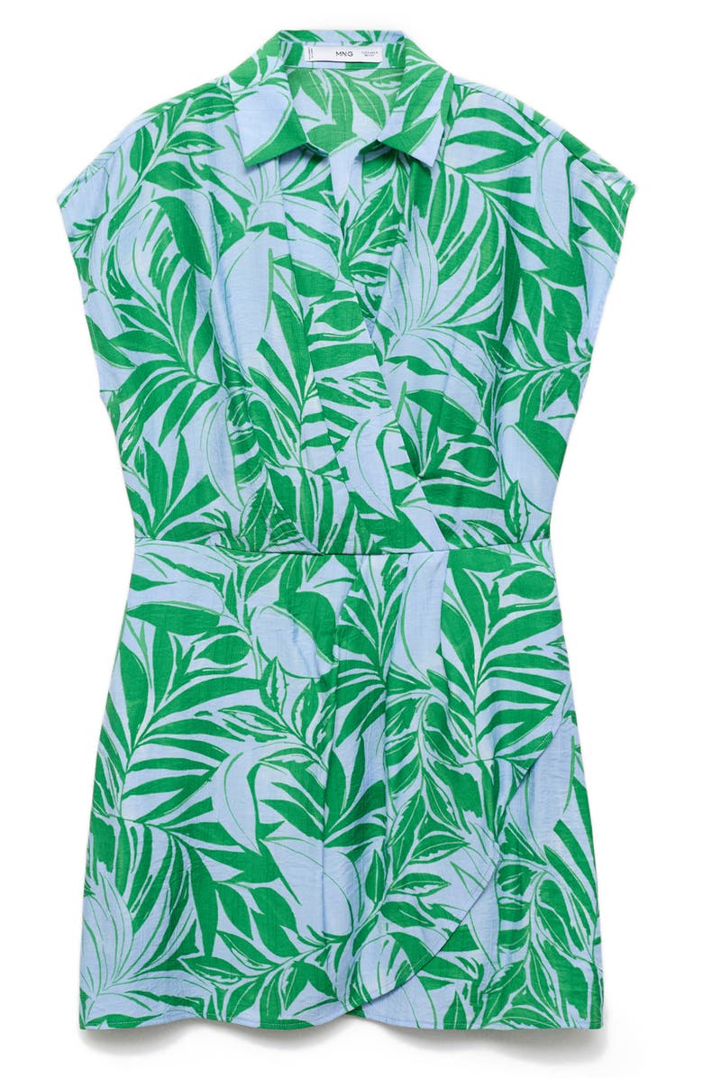 MANGO Palm Frond Faux Wrap Mini Shirtdress, Alternate, color, Blue