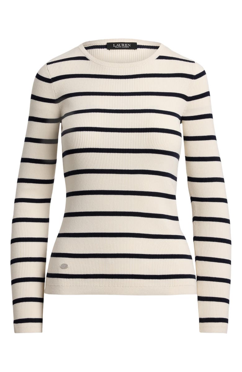 Lauren Ralph Lauren Striped Rib Knit Crewneck Sweater, Alternate, color, Mascarpone Cream/ Lauren Navy