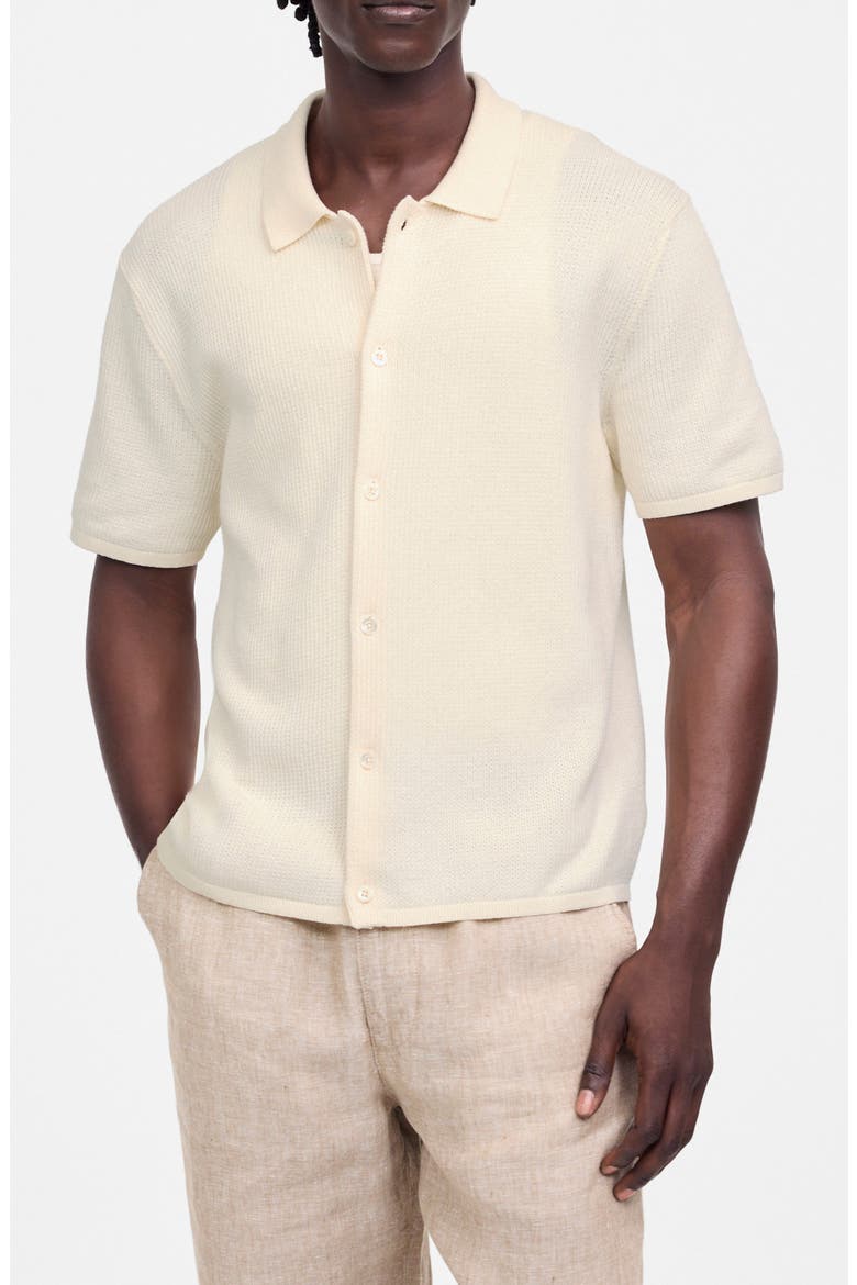 Short Sleeve Tuck Stitch Button-Up Shirt, Main, color, VINTAGE IVORY