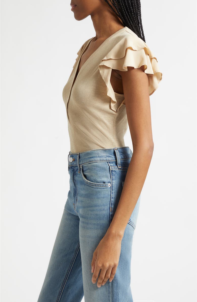 Veronica Beard Aphrodite Ruffle Sleeve Rib Top, Alternate, color, Stone Khaki