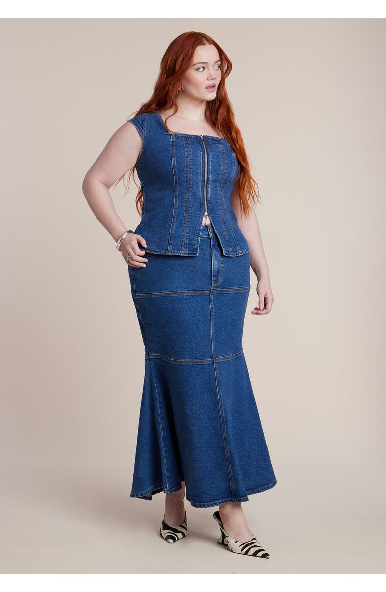 ELOQUII Denim Trumpet Maxi Skirt, Main, color, Medium Wash