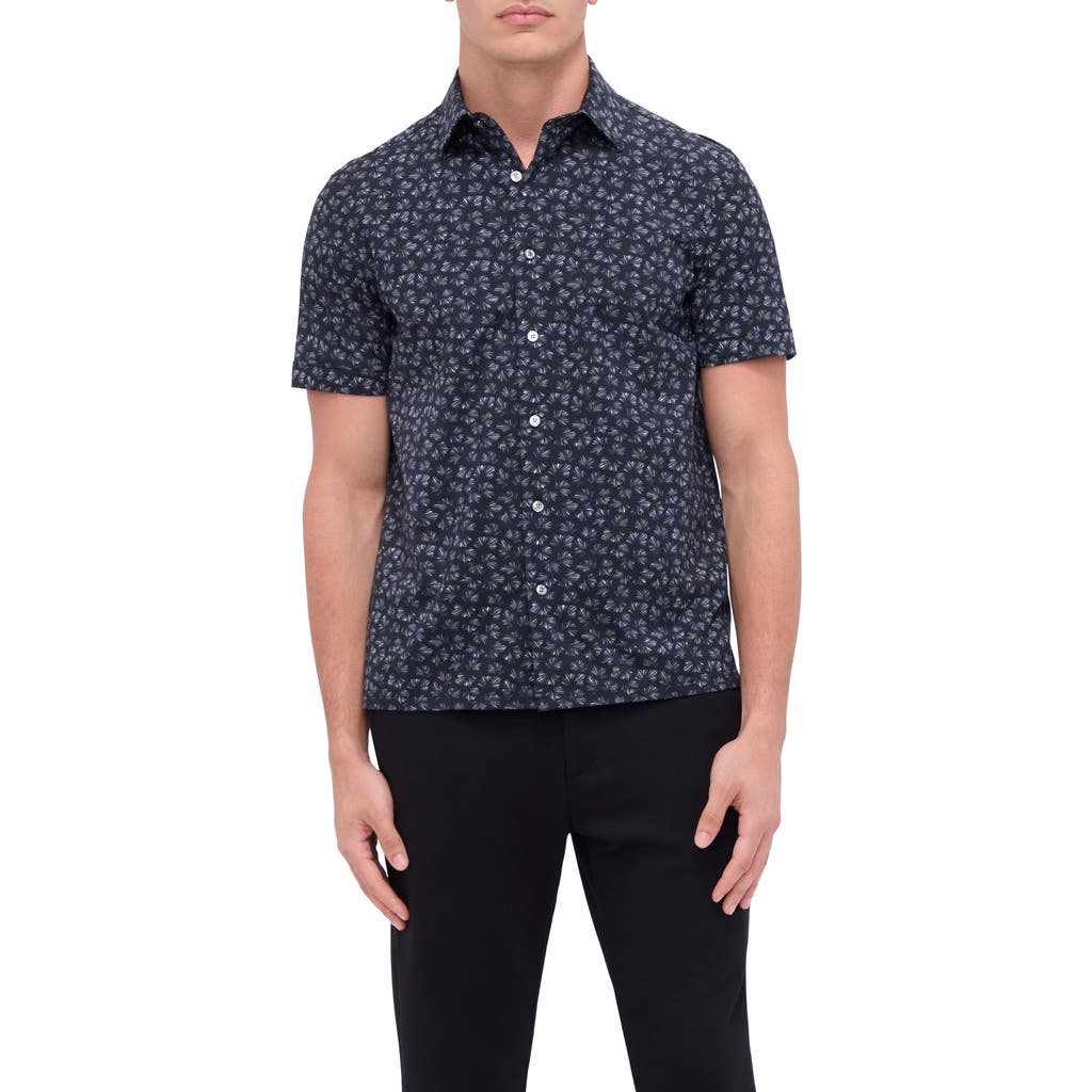 Bugatchi Merlin Ooohcotton® Fan Print Short Sleeve Button-up Shirt In Black