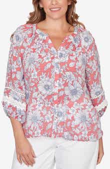 RUBY RD Floral Three-Quarter Sleeve Button-Up Top