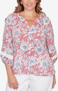 RUBY RD Floral Three-Quarter Sleeve Button-Up Top
