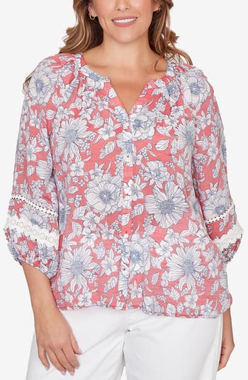 Ruby Rd. Plus Size Floral Silky Gauze Peasant Button Front Top In Multi