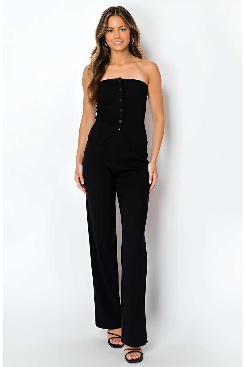 Strapless Button-Front Top and Wide-Leg Pants Set with Sleek Silhouette, Main, color, Black