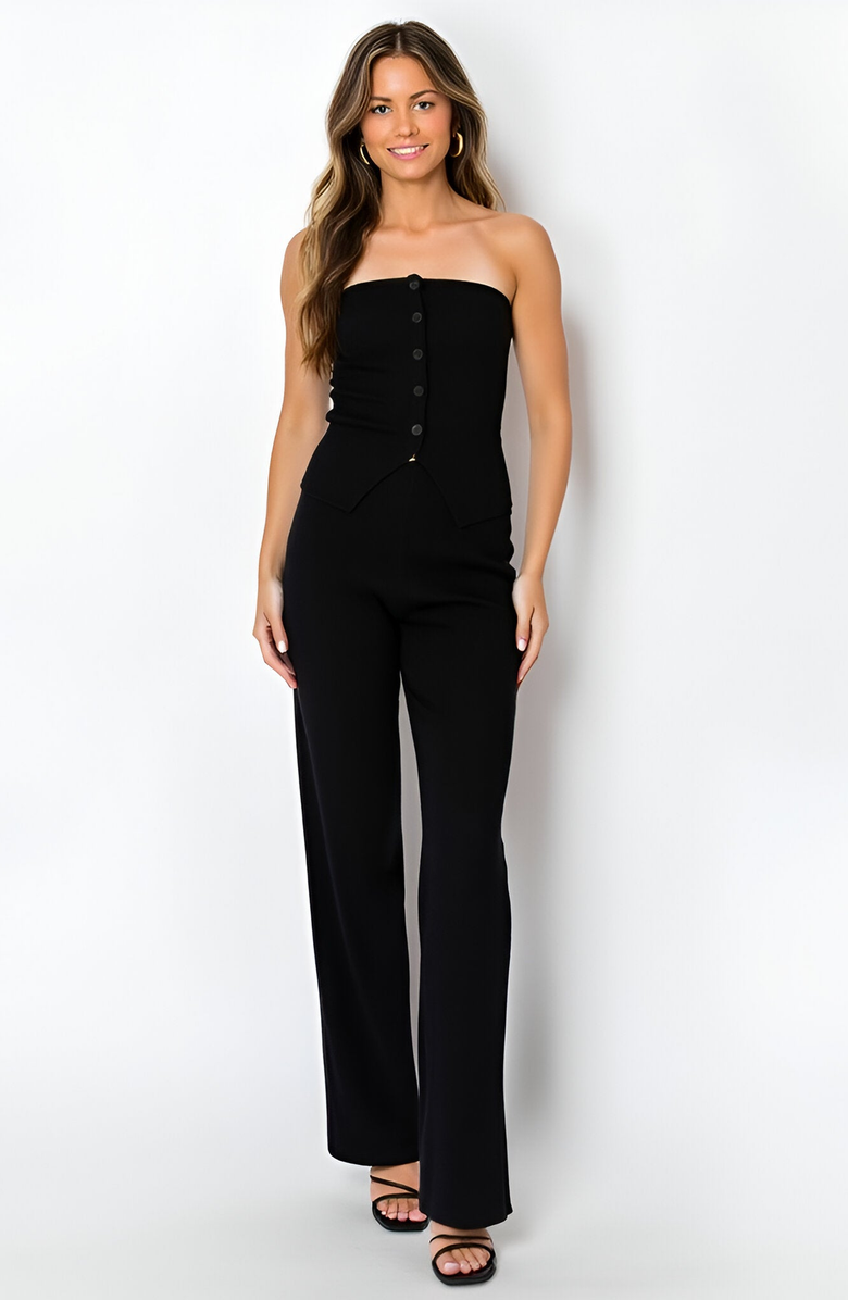 Modenaire Strapless Button-Front Top and Wide-Leg Pants Set with Sleek Silhouette, Main, color, Black