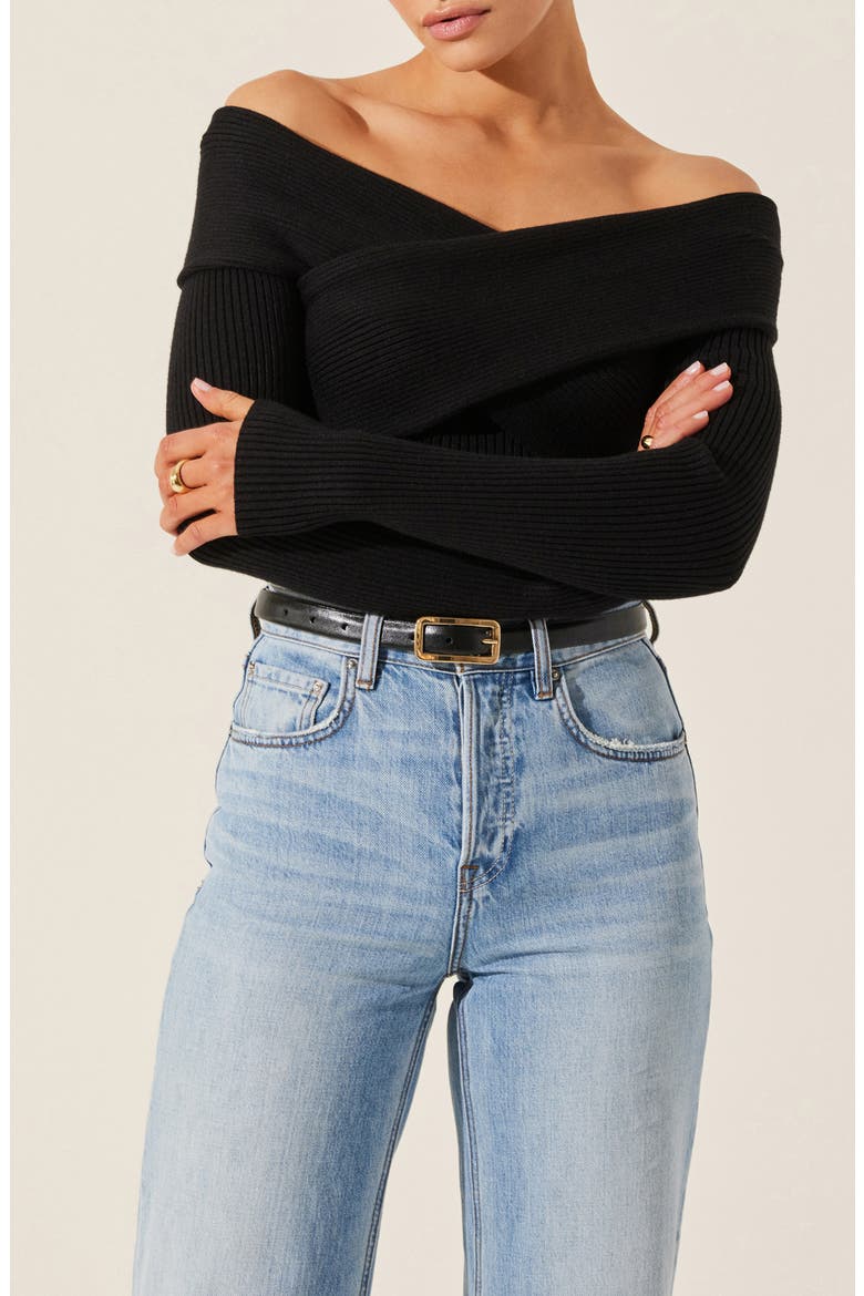 Crossover Off The Shoulder Rib Sweater, Alternate, color, BLACK