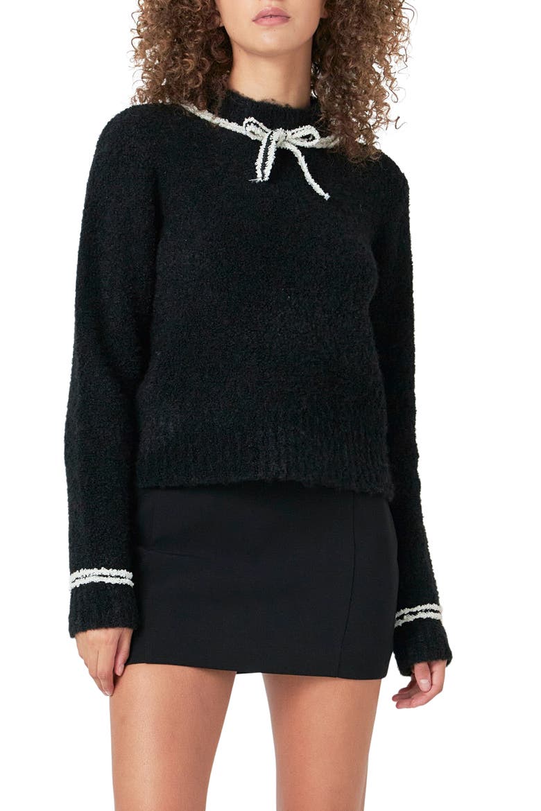 Bow Accent Bouclé Sweater, Main, color, BLACK