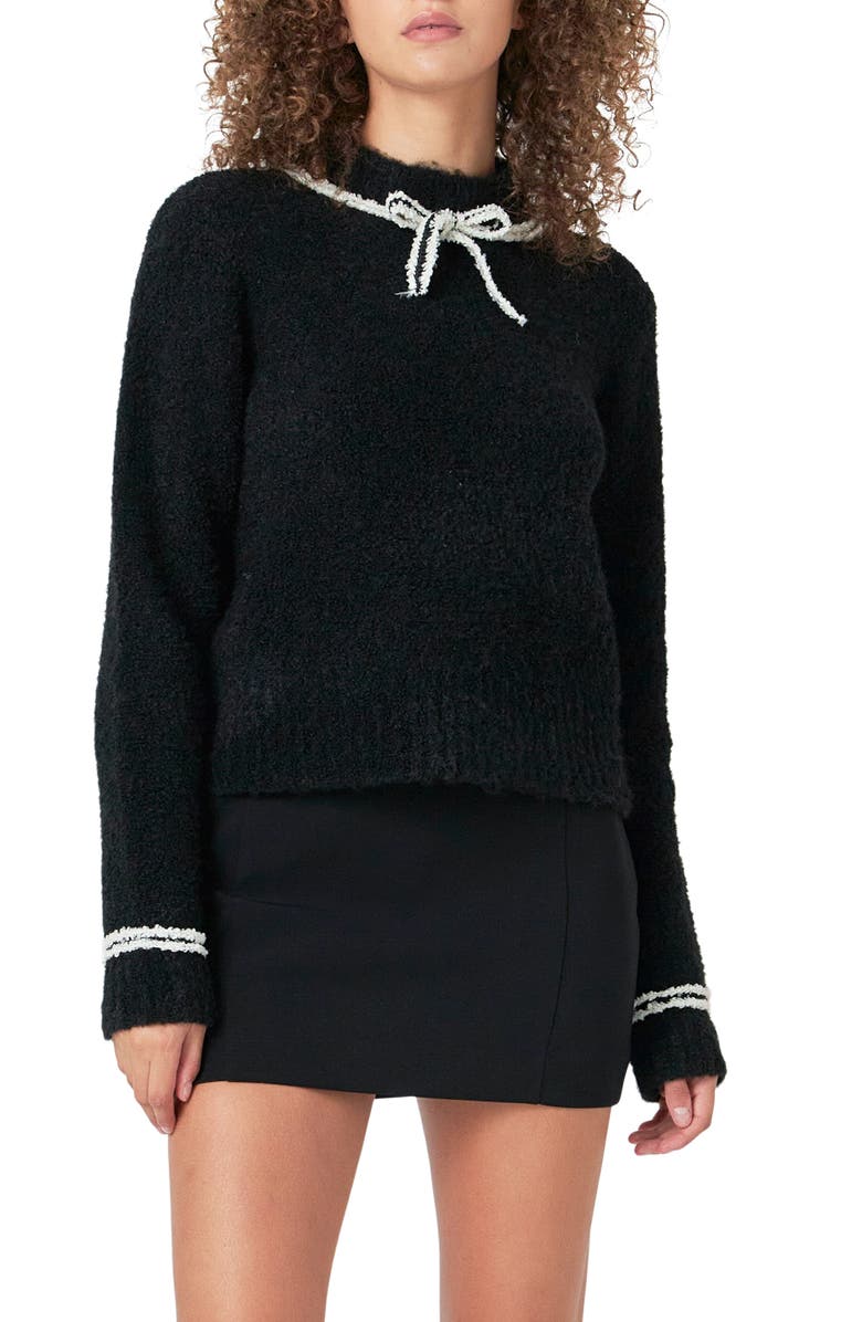 Endless Rose Bow Accent Bouclé Sweater, Main, color, Black