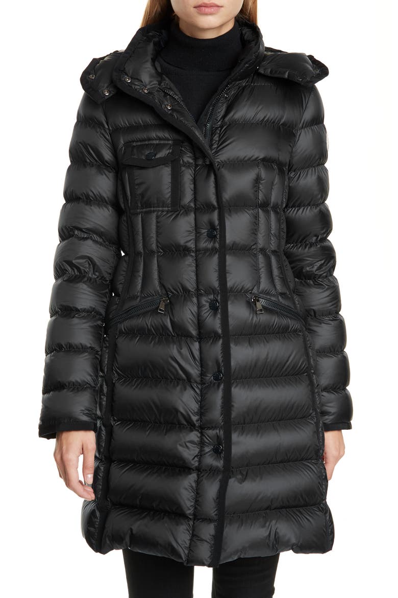 Hermine Grosgrain Trim Quilted Down Puffer Coat, Main, color, BLACK