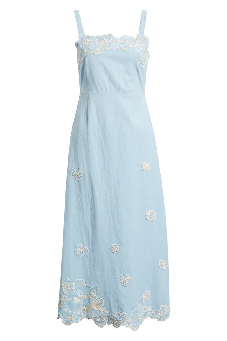 Placed Floral Embroidery Cotton & Linen Chambray Sundress, Alternate, color, GLACIER LAKE
