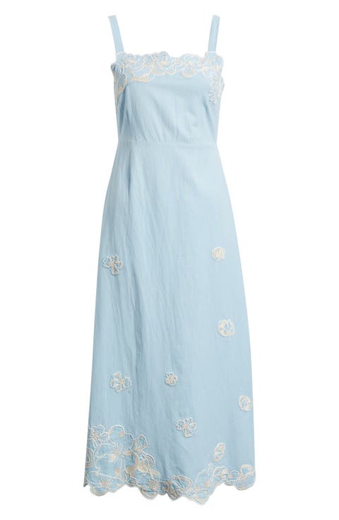 Placed Floral Embroidery Cotton & Linen Chambray Sundress