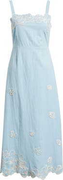 Cleobella Placed Floral Embroidery Cotton & Linen Chambray Sundress