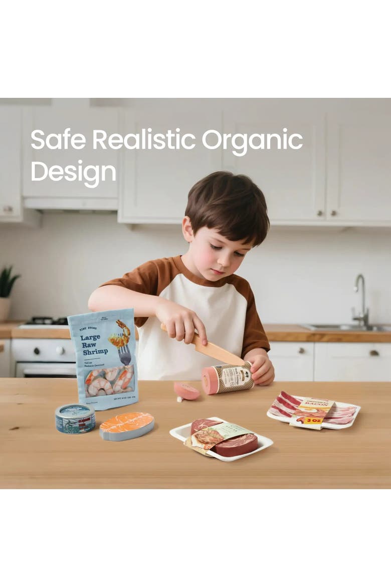 Organic Wooden Seafood and Meat Play Food Set for Kids,6 Piece, Alternate, color, Multicolor