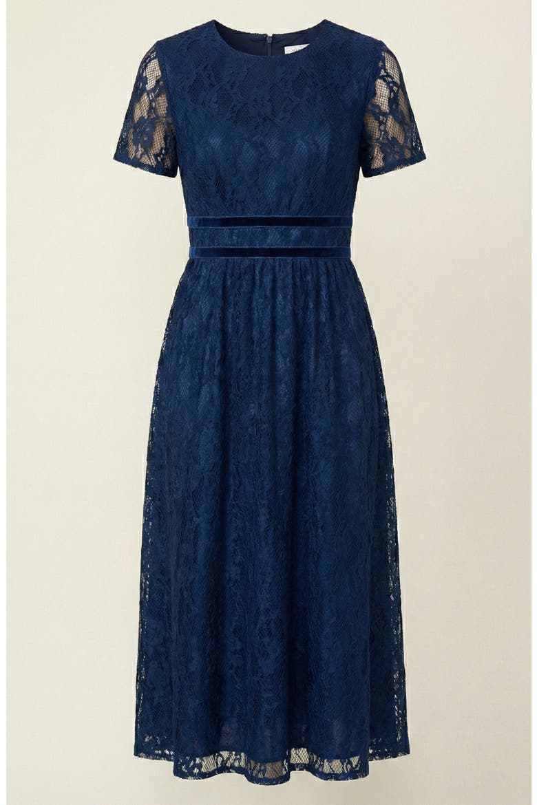 Lace Midi Dress with Sheer Short Sleeves and Velvet Waistband Detail, Alternate, color, Navy