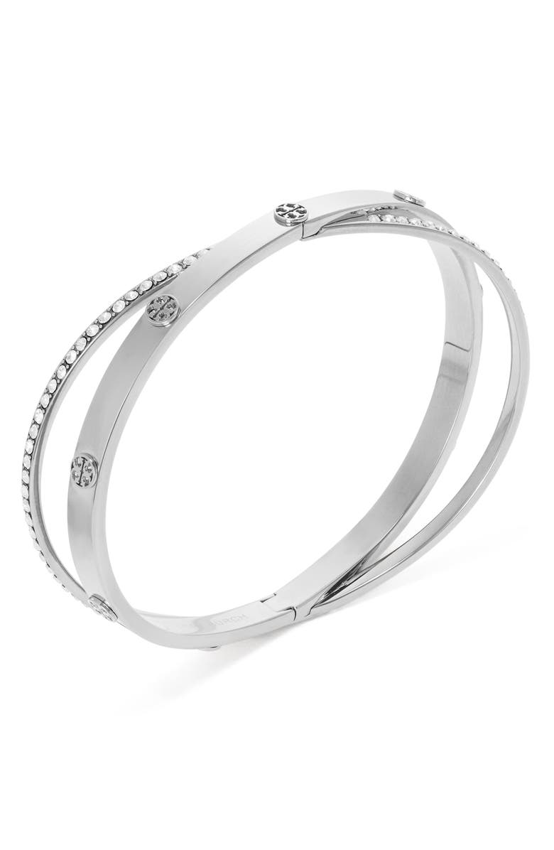 Tory Burch Icon Pave Crossover Bracelet, Alternate, color, Tory Silver / Crystal