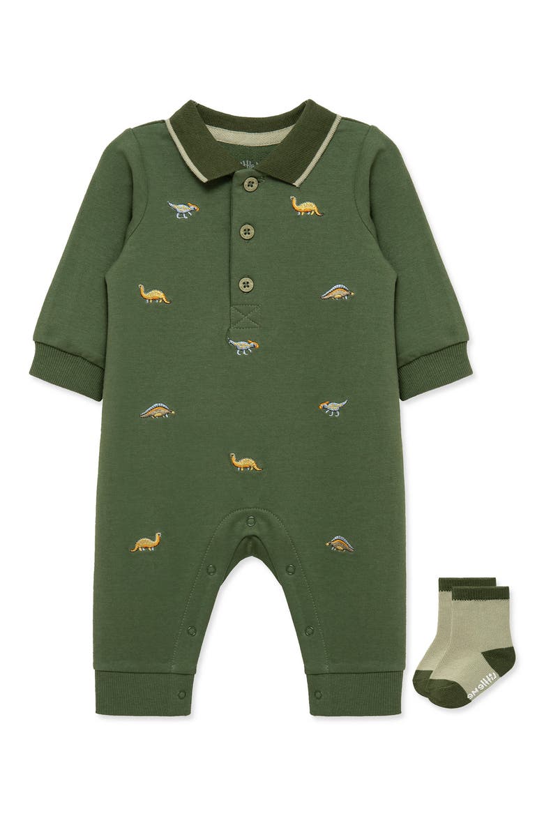 Embroidered Schiffli Polo Romper & Socks Set, Main, color, GREEN