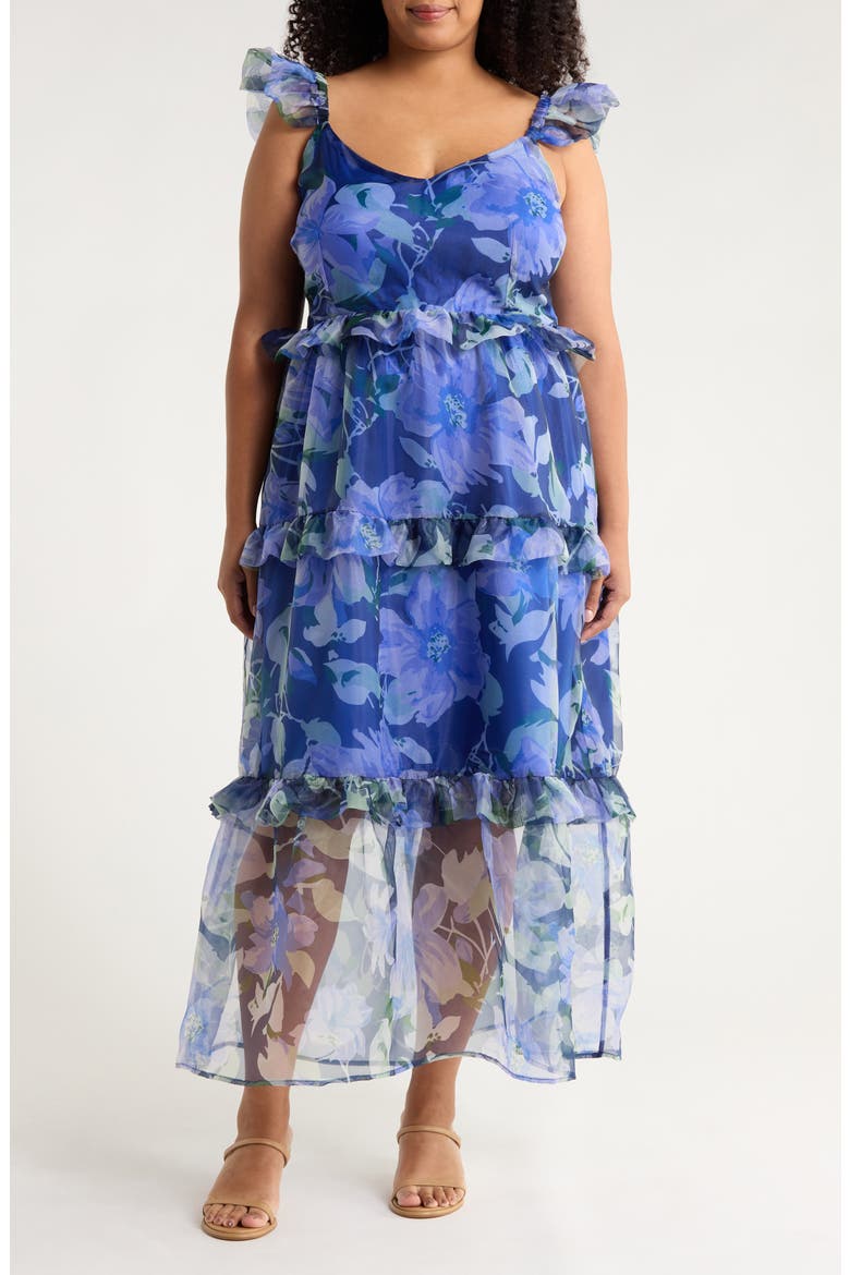 Mylie Floral Ruffle Tiered Organza Maxi Dress, Main, color, BLUE-MULTI