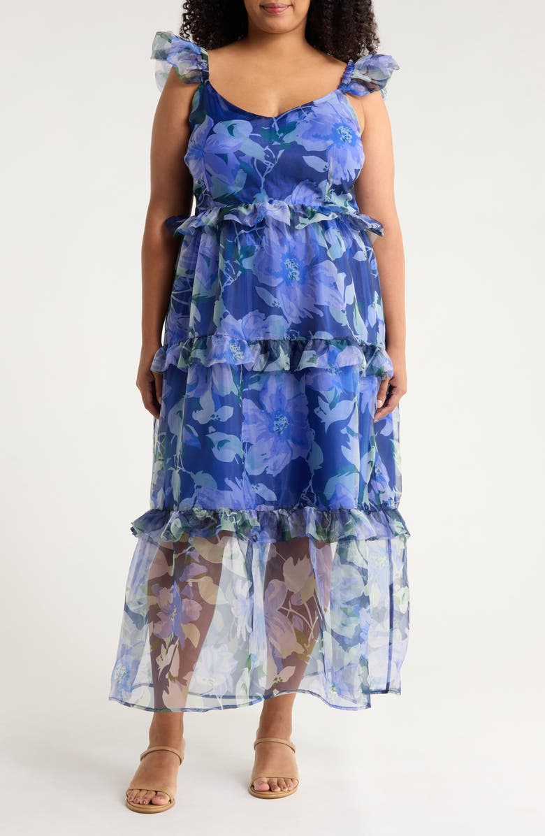 SUGARLIPS Mylie Floral Ruffle Tiered Organza Maxi Dress, Main, color, Blue-Multi