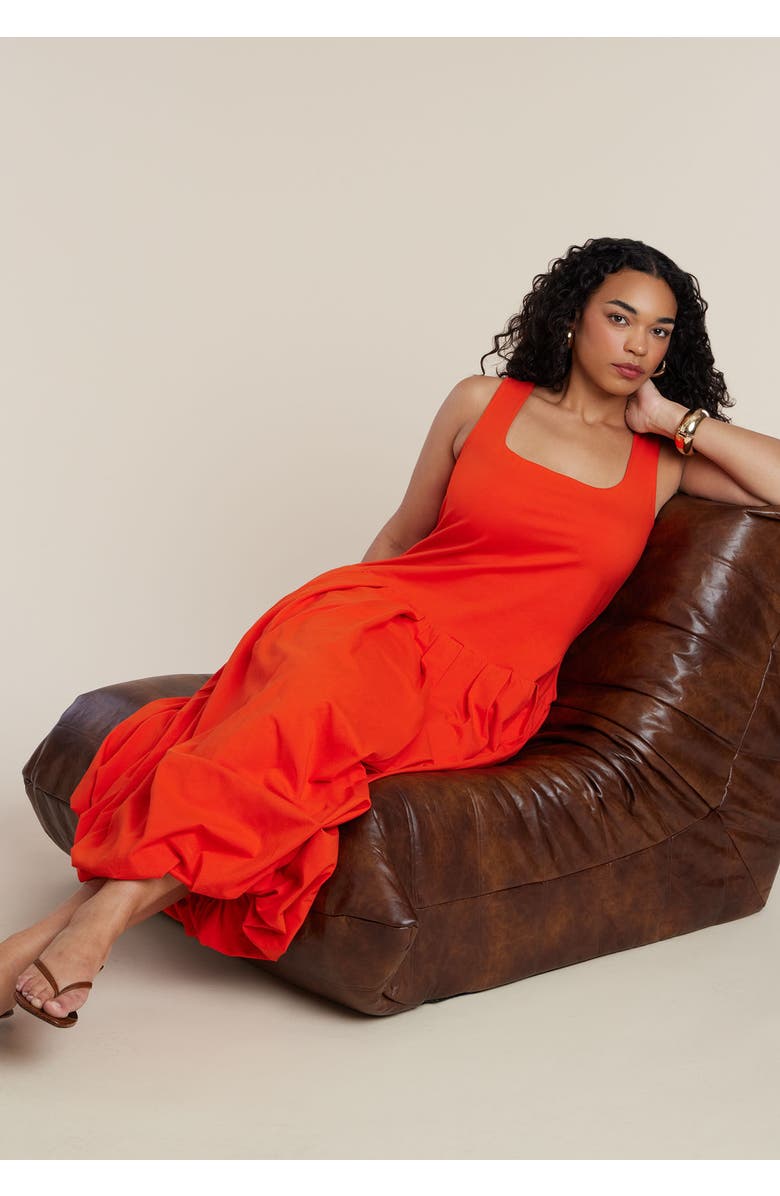 ELOQUII Drop-Waist Bubble Maxi Dress, Alternate, color, Deep Poppy