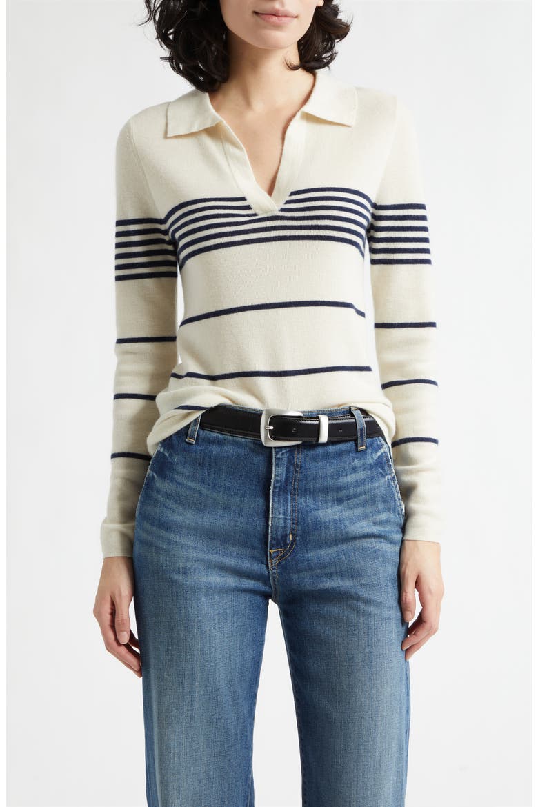 Lucille Placed Stripe Cashmere Polo Sweater, Main, color, IVORY/ NAVY STRIPE