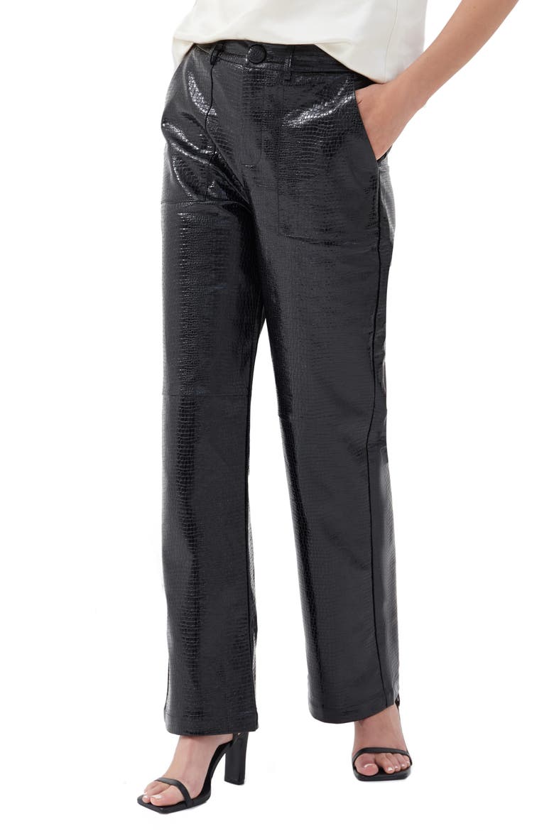 Wilcox Croc Embossed Wide Leg Faux Leather Pants, Main, color, BLACK PATENT CROC