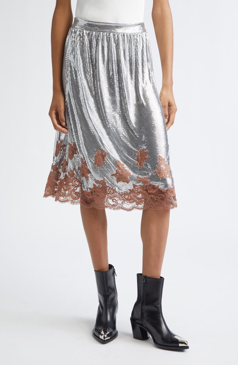 Rabanne Lace Trim Metallic Mesh Skirt, Main, color, 