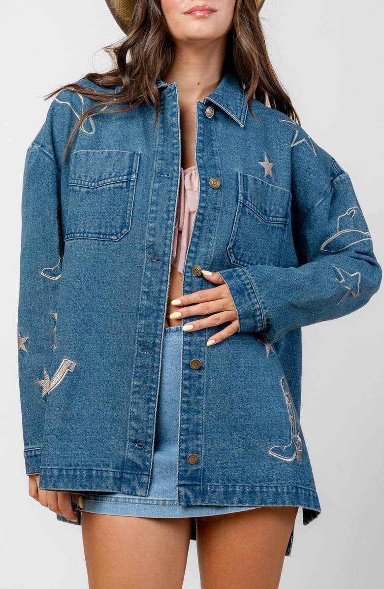 Beivy Embroidered Denim Shacket, Alternate, color, Dark Blue Denim