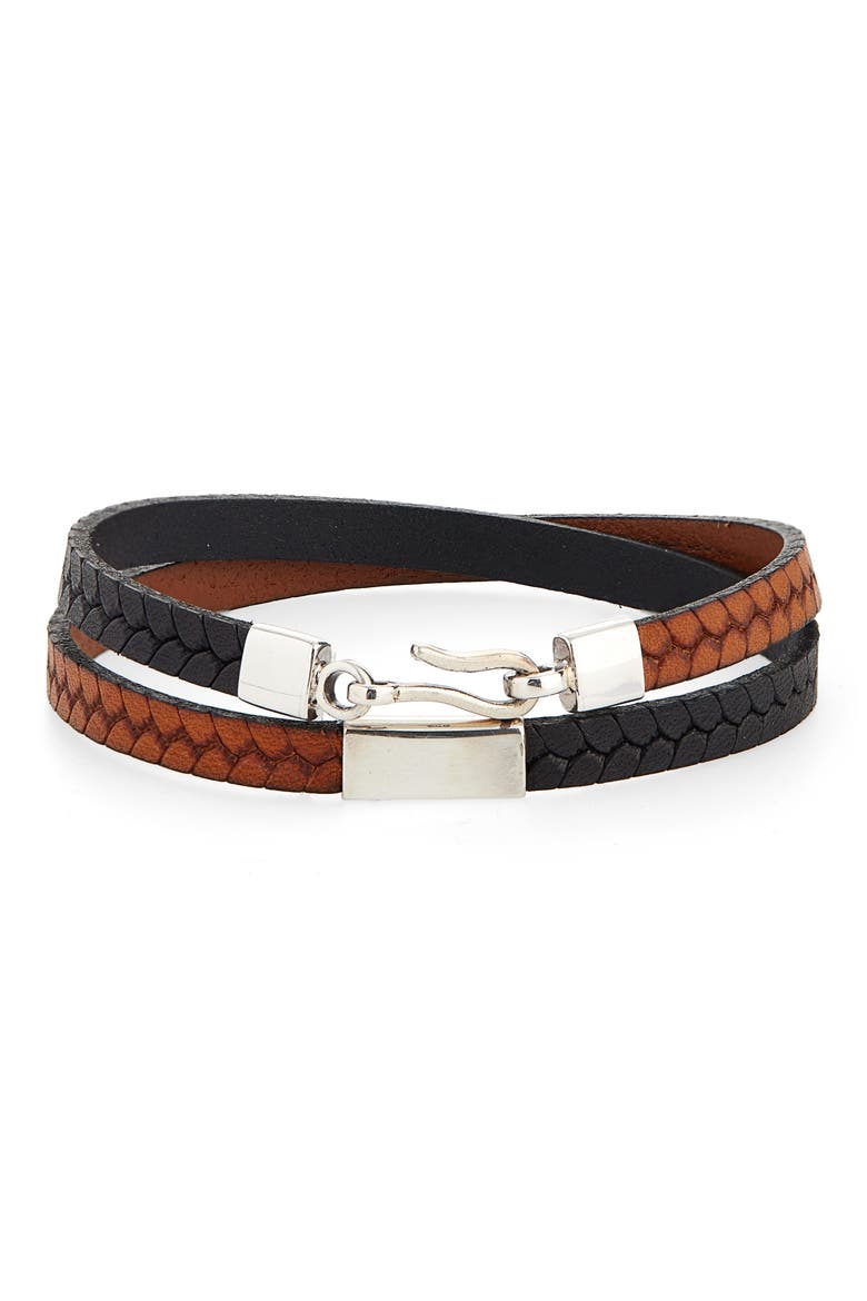 Embossed Leather Wrap Bracelet, Main, color, BLACK / TAN