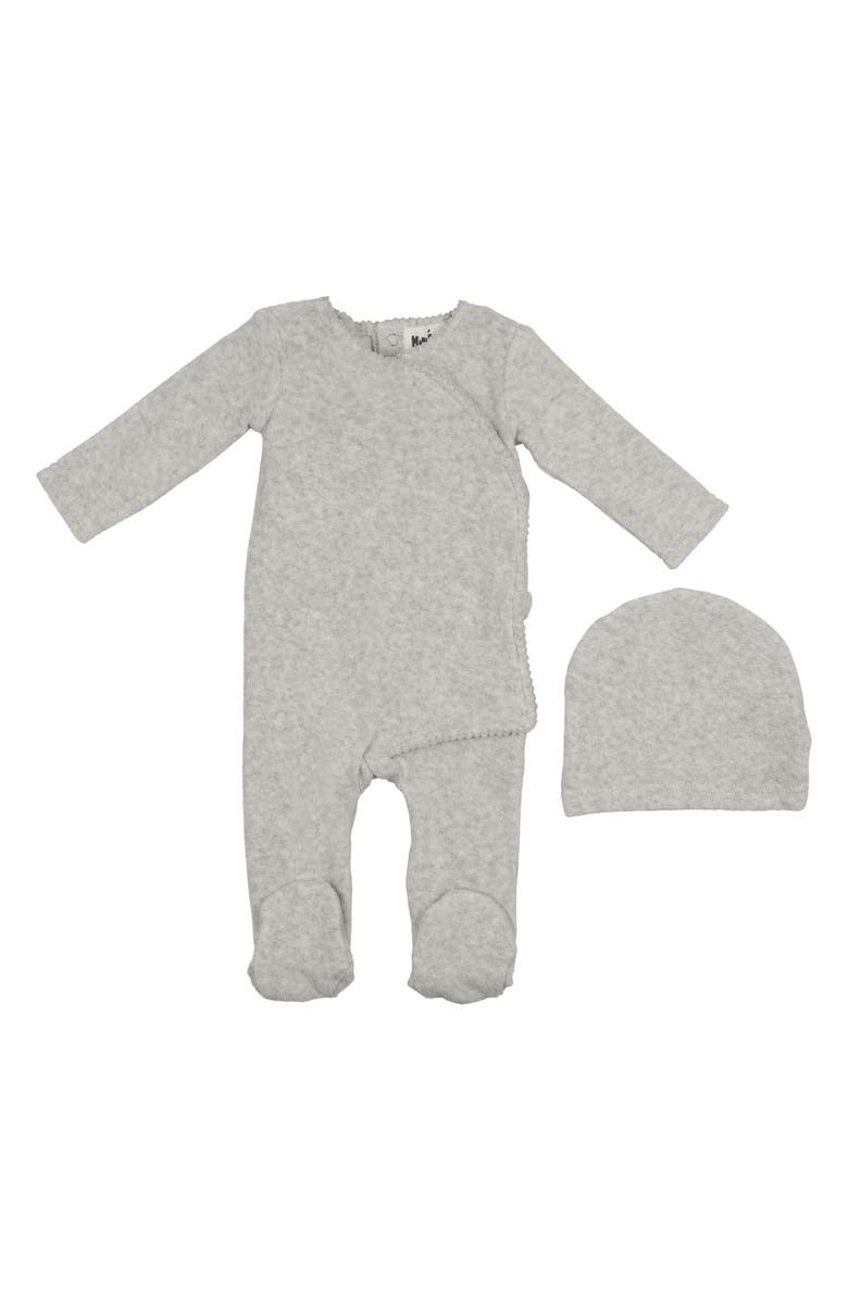 Manière Velour Wrap Footie & Hat Set, Main, color, Grey