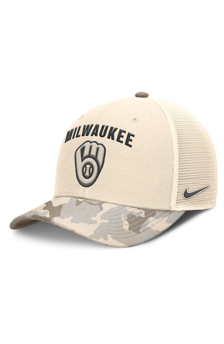 Nike Men's Nike Natural Milwaukee Brewers Camo Natural Pack Rise Adjustable Trucker Hat, Main, color,