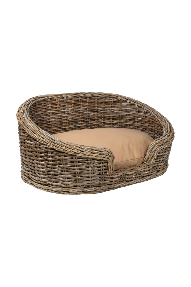 Curvy Classic Handwoven Rattan Pet Bed with Machine-Washable Cushion, Main, color, Kubu Gray (28.5L x 17.5W)