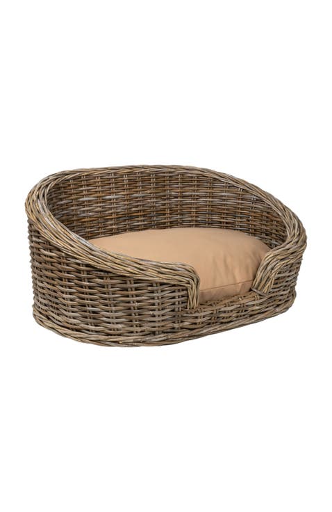 Curvy Classic Handwoven Rattan Pet Bed with Machine-Washable Cushion