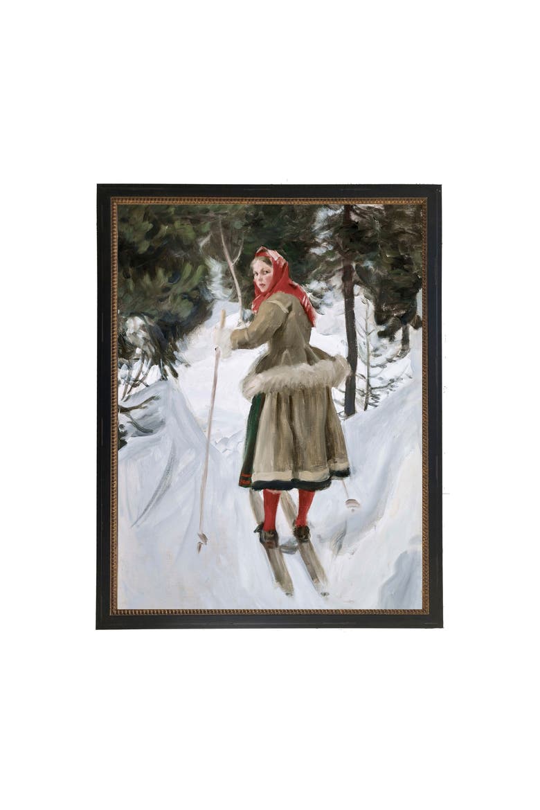 Vintage Oil Painting of Woman Skiing, Main, color, Green