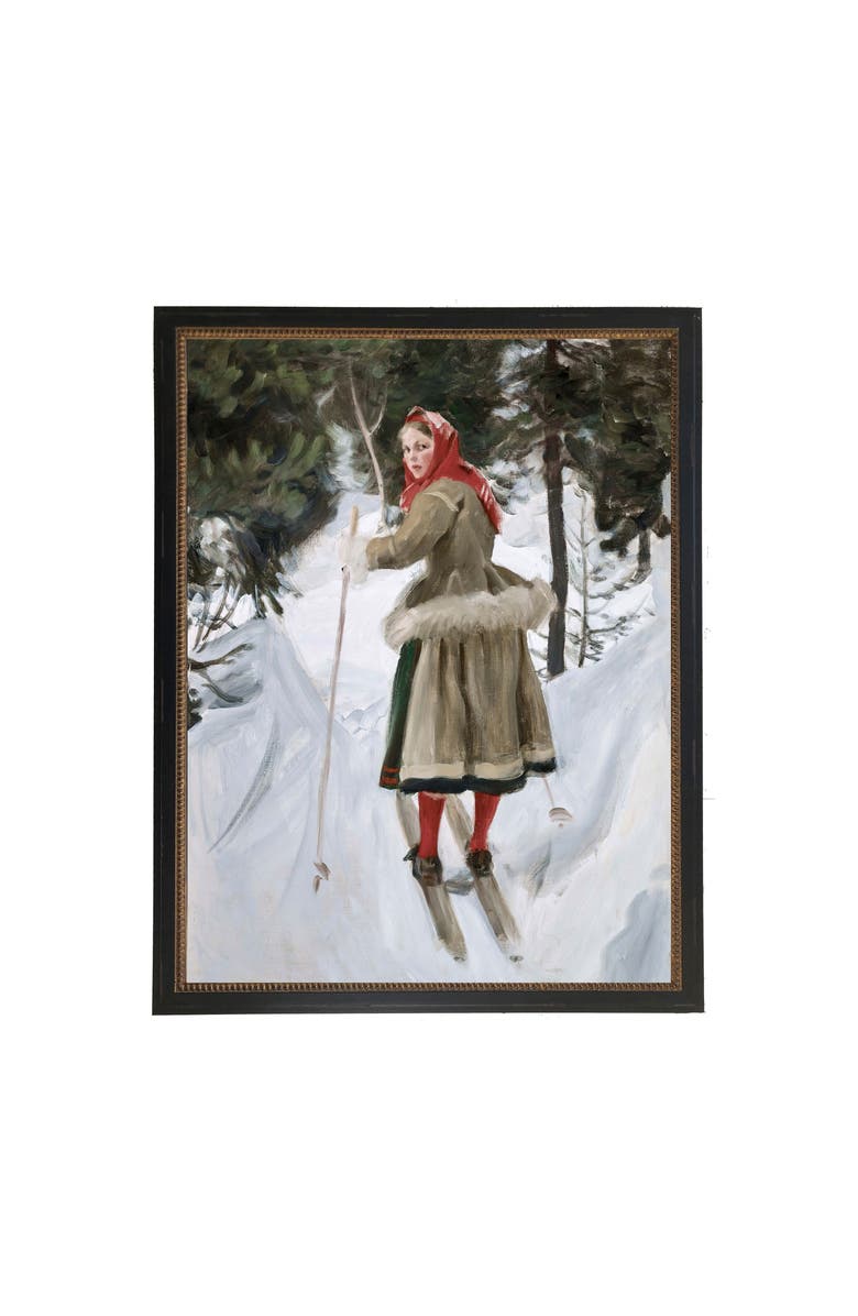 Antique Curiosities Vintage Oil Painting of Woman Skiing, Main, color, Green