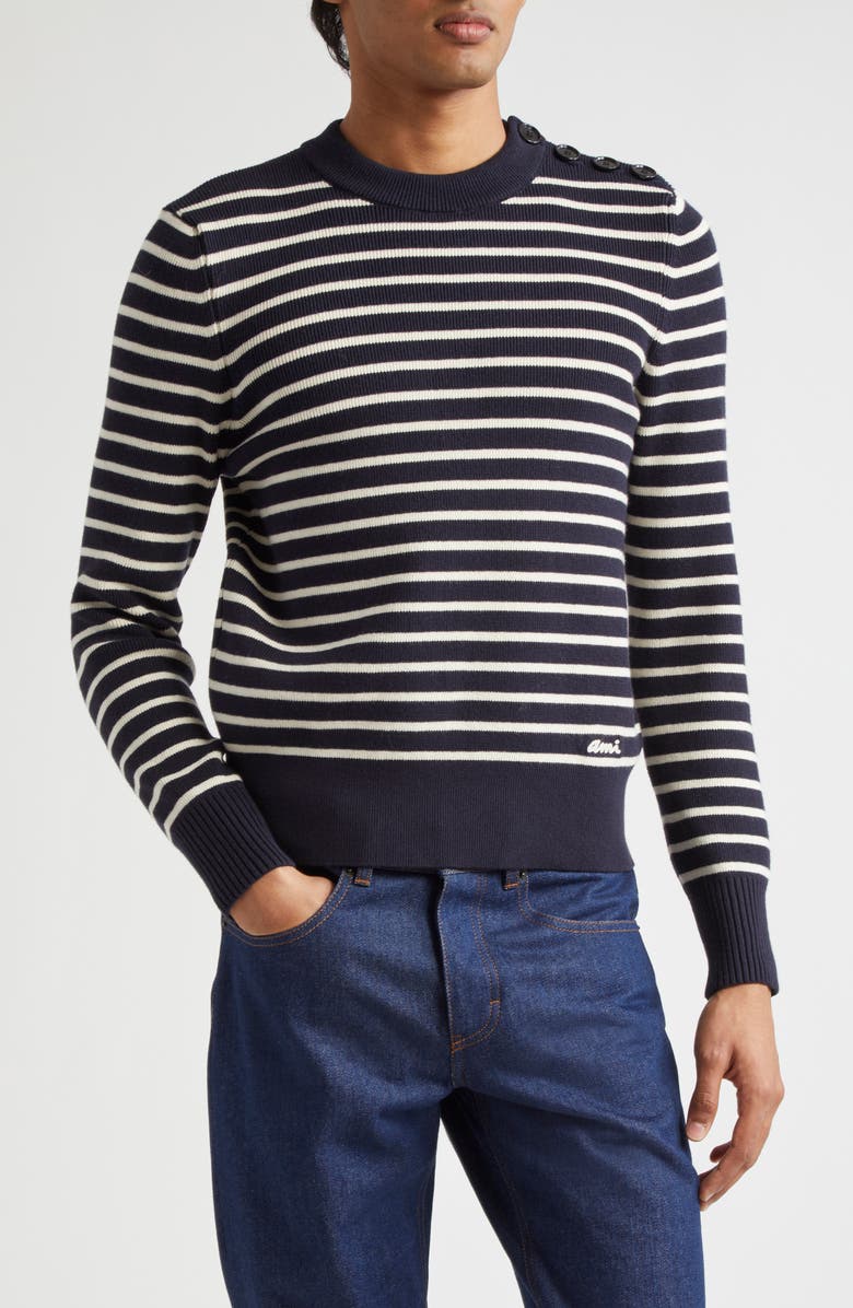 AMI PARIS Sailor Stripe Cotton & Wool Crewneck Sweater, Main, color, 