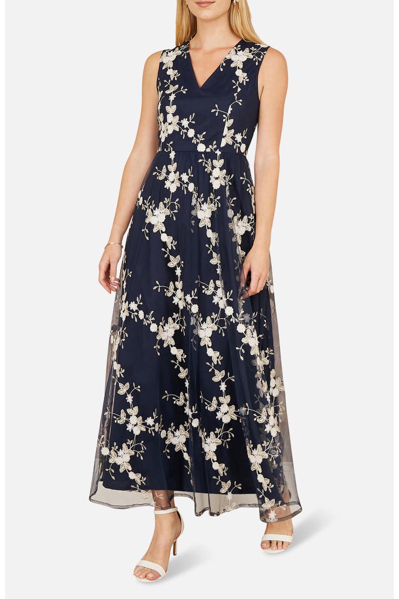 Mesh Embroidered Maxi Dress, Alternate, color, Navy