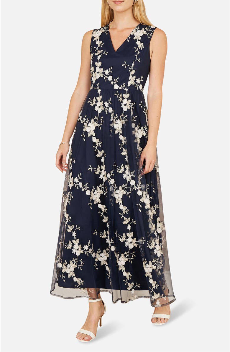 Yumi Mesh Embroidered Maxi Dress, Alternate, color, Navy