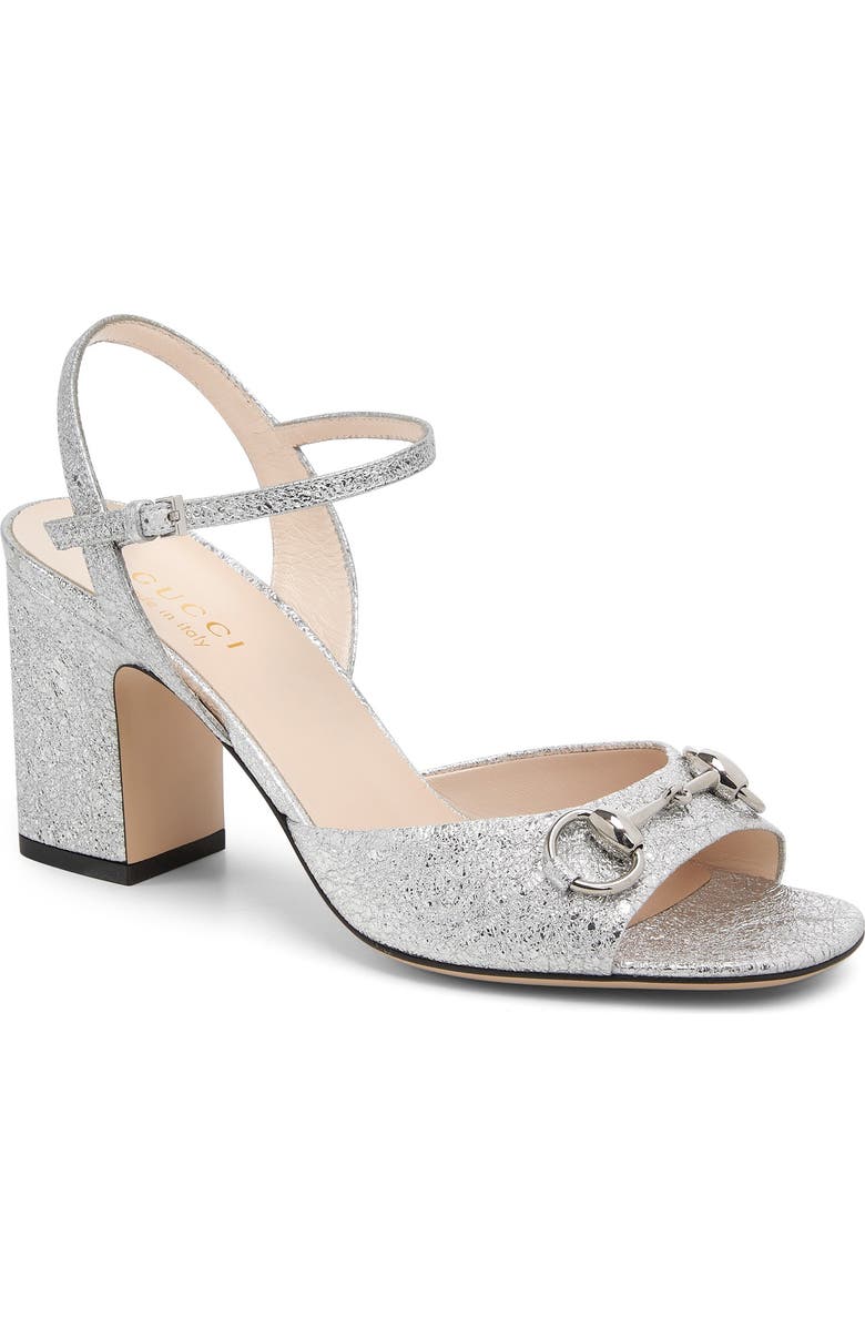 Gucci Lady Horsebit Metallic Ankle Strap Sandal, Main, color, 040 Argento