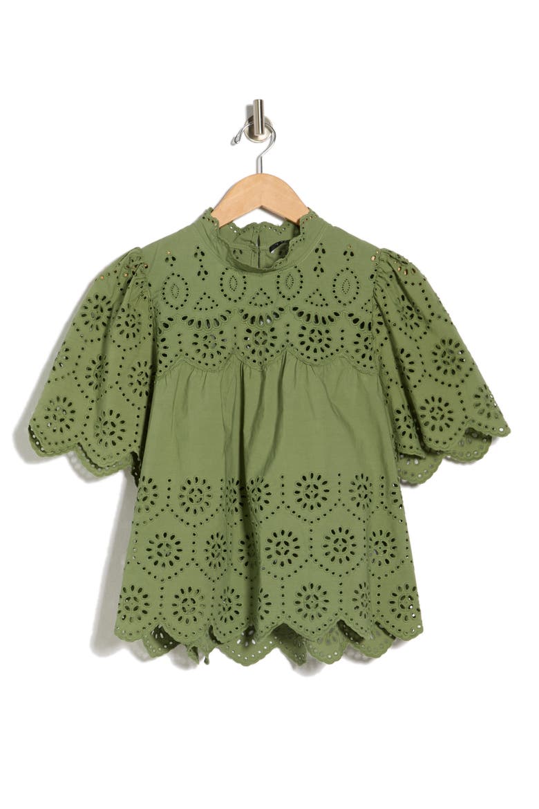Embroidered Eyelet Short Sleeve Cotton Top, Alternate, color, FAIR GREEN