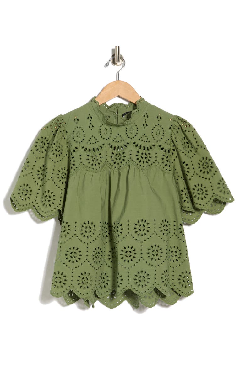 T Tahari Embroidered Eyelet Short Sleeve Cotton Top, Main, color, Fair Green