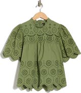 T Tahari Embroidered Eyelet Short Sleeve Cotton Top