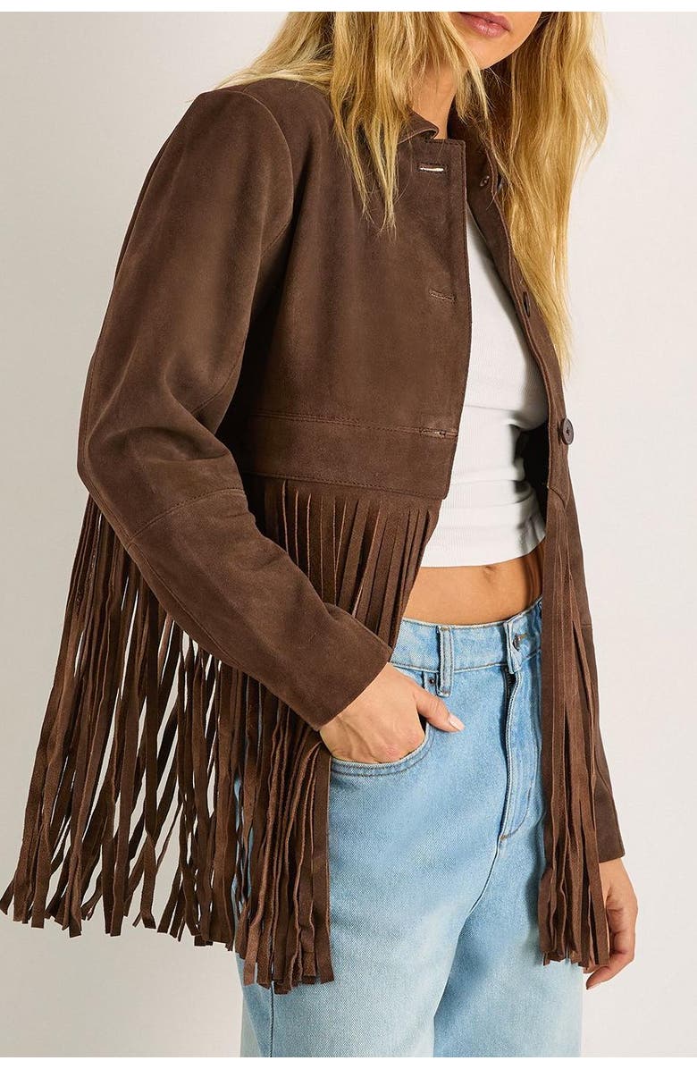 NASTY GAL Real Suede Fringe Jacket, Alternate, color, Chocolate