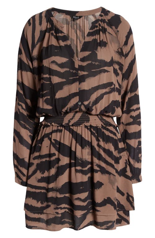 Rails Jasmine Tiger Stripe Smocked Waist Long Sleeve Dress In Mocha Bengal