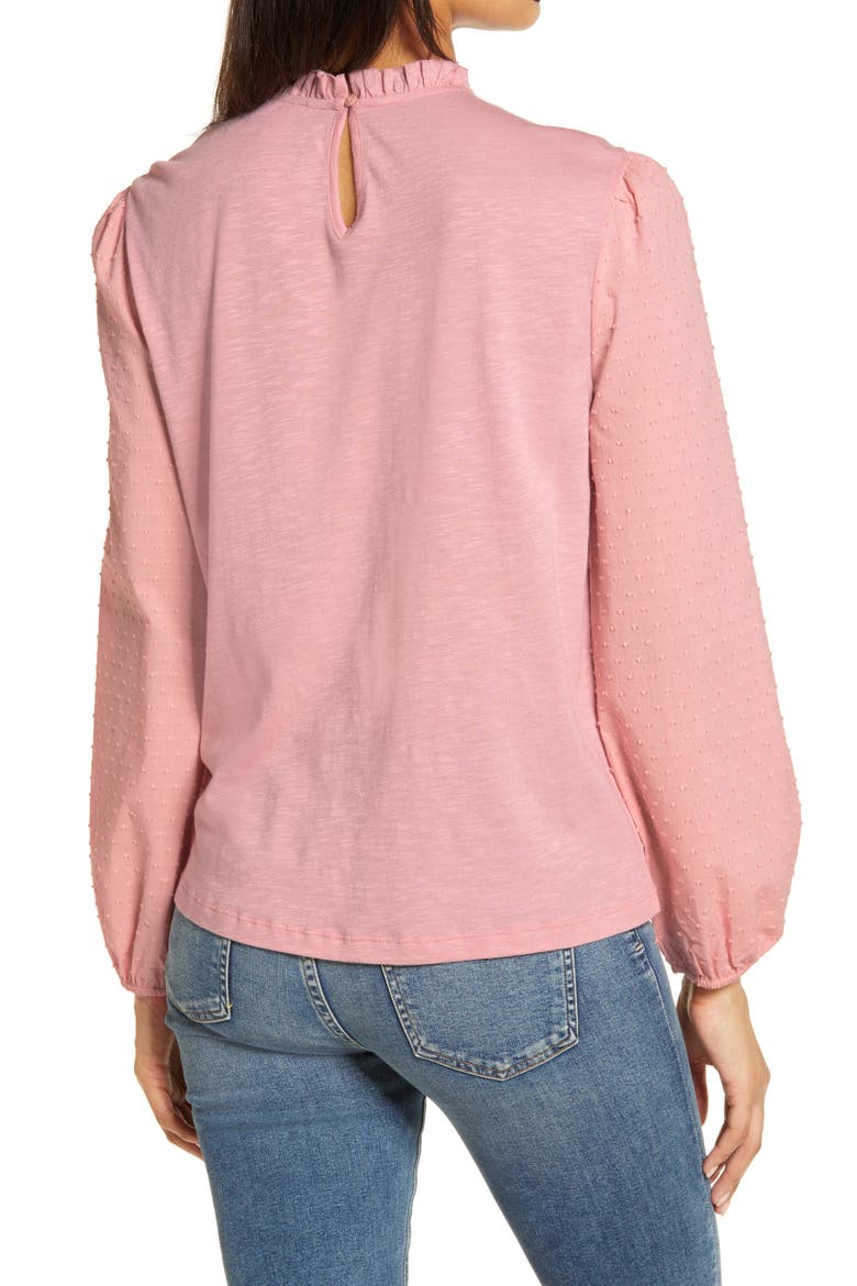 Pintuck Lace Detail Long Sleeve Cotton Blouse, Alternate, color, PINK BRIDE