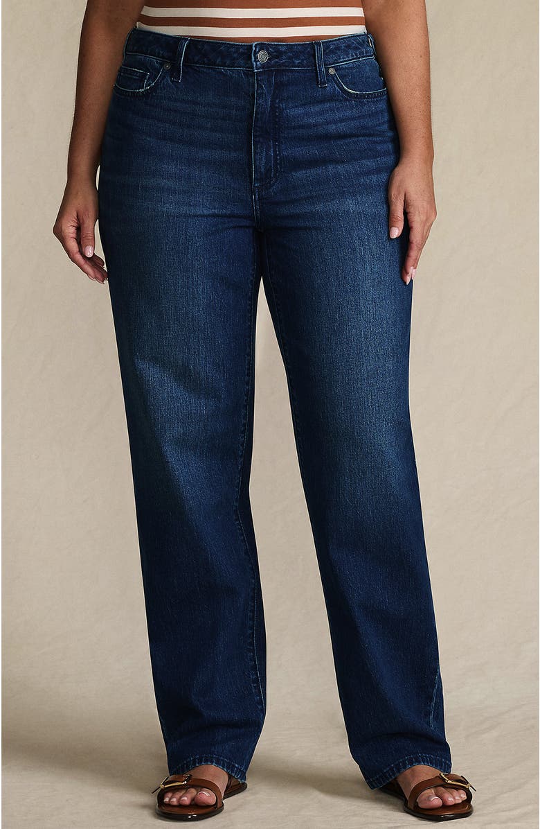 Lands' End Petite Soft Denim Mid Rise Relaxed Straight Leg Jeans, Main, color, Dark Indigo Blue Wash