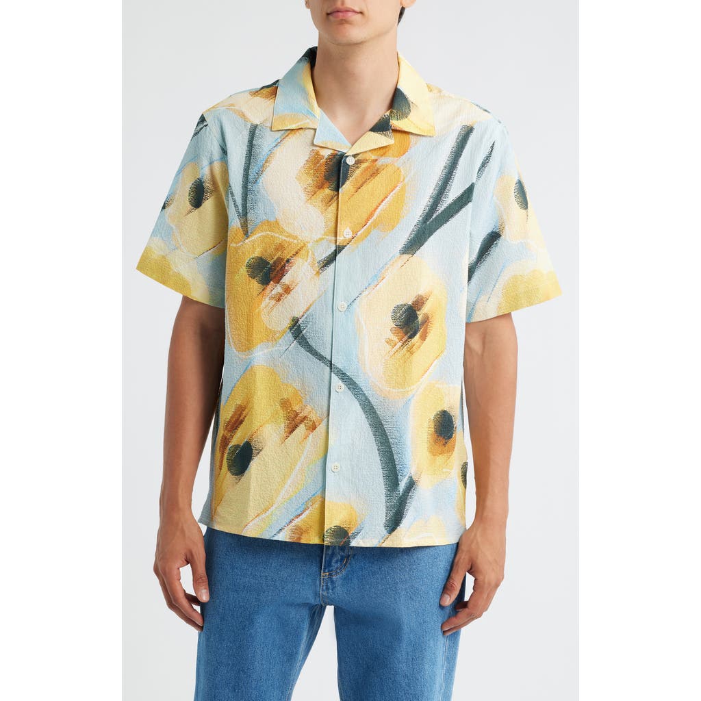 Wax London Mens Didcot Blue And Yellow Abstract Poppy Short-sleeve Shirt In Multi