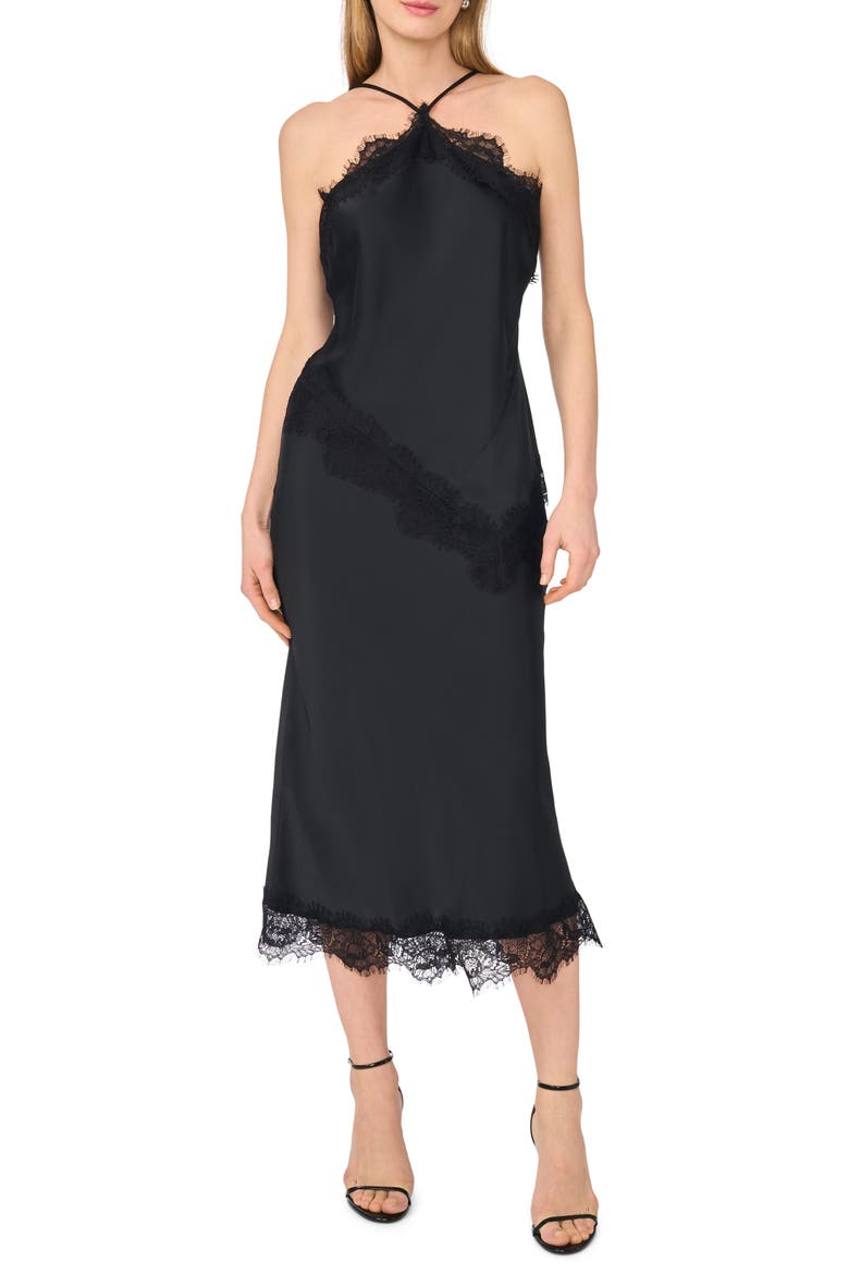 Satin Lace Asymmetric Halter Top, Alternate, color, RICH BLACK