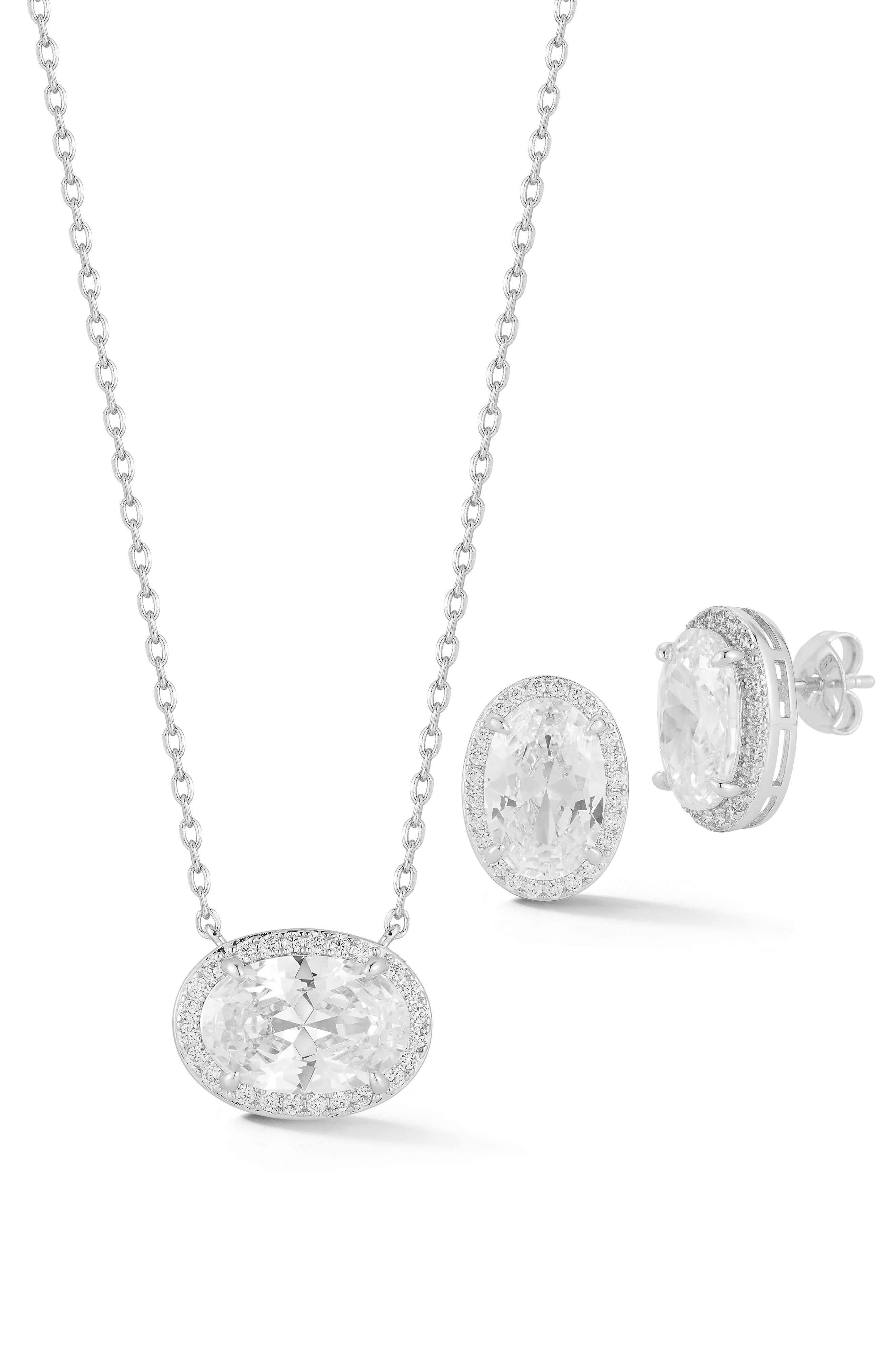 Oval Cubic Zirconia Pendant Necklace & Earrings Set